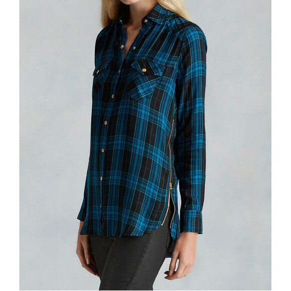 New Womens Designer True Religion M Plaid Top $169 Black Aqua Blue NW Tunic Zip - Picture 1 of 7